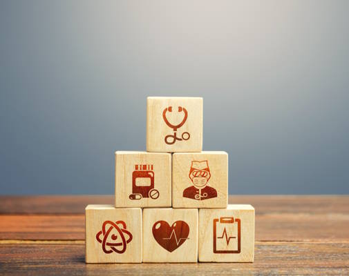 Wooden blocks with images of health - wellbeing